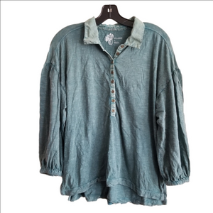 Pilcro Half Button Down Balloon Sleeve Faded Teal Casual Blouse Size Medium